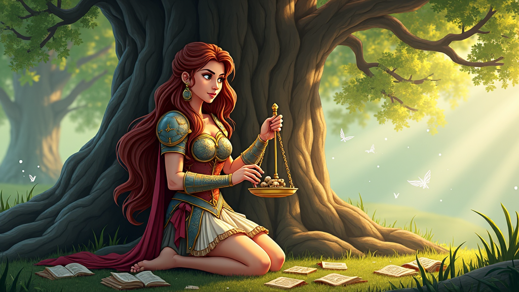 Cartoon interpretation of Lady Justice portrayed as a shield maiden kneeling under an ancient tree, imbued with wisdom and history, her scales balanced with fragments of historical texts.