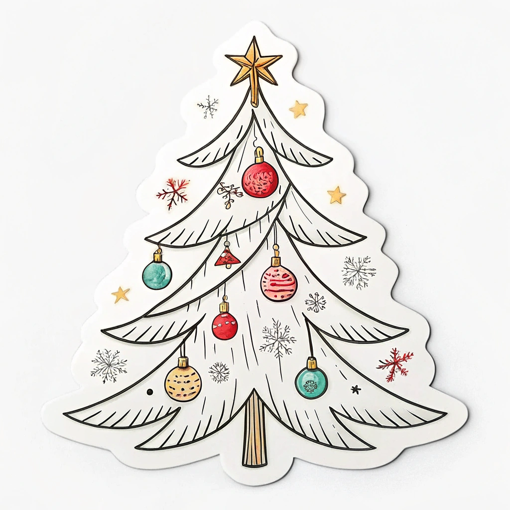 A minimalist Christmas tree sticker artfully designed with simple outlines and a few strategically placed ornaments, ideal for a subtle holiday touch on any surface.