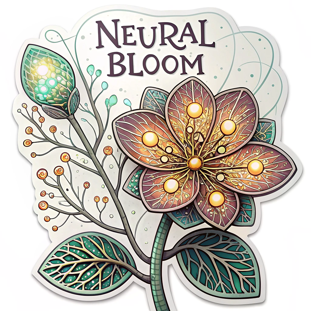 Sticker Design 2: 'Neural Bloom' - A metallic flower where each petal is an intricate, glowing neural network pattern, and collectively the bloom forms a beautiful, complex artistic design, signifying diverse AI-generated creativity.