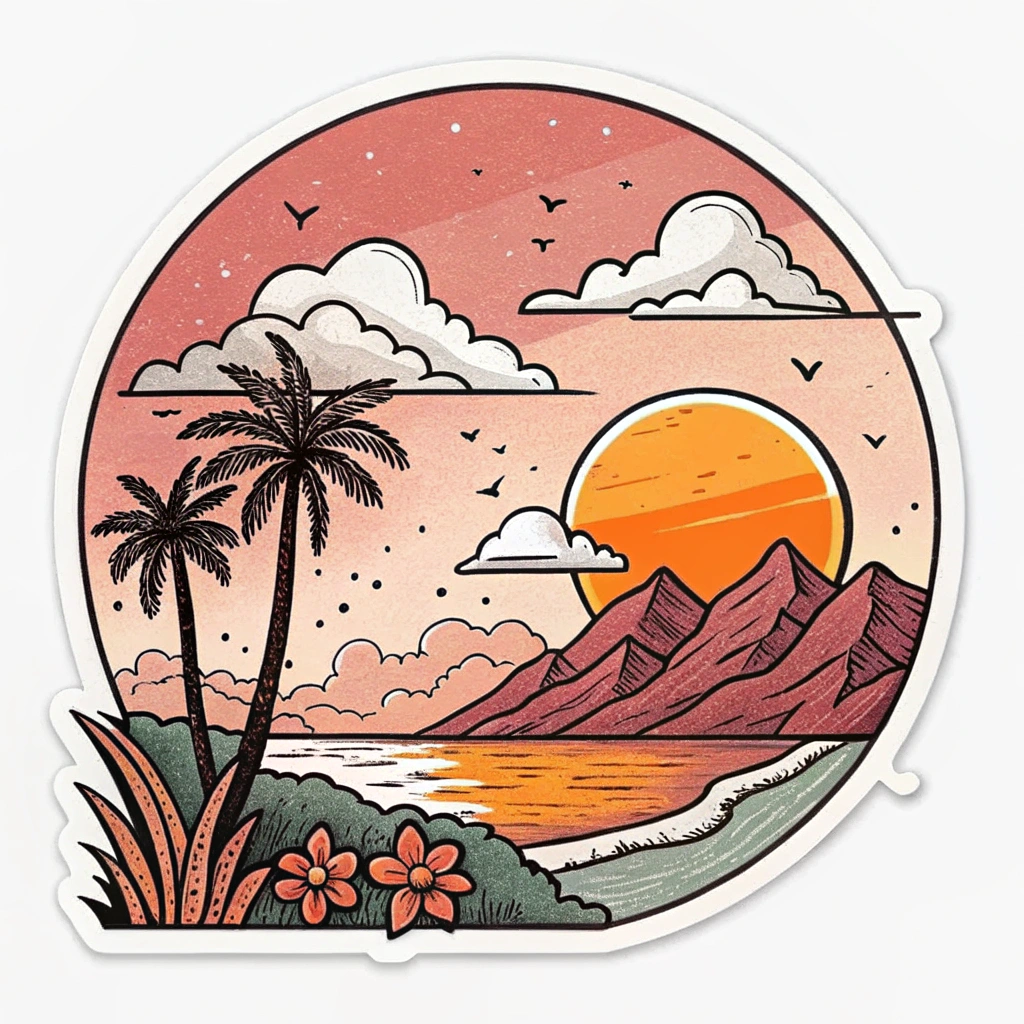 The image is a circular illustration of a tropical landscape. The background is a gradient of pink and orange, with a large orange sun in the center. The sun is surrounded by white clouds and there are birds flying around it. On the left side of the image, there are two palm trees and a small island with orange flowers. The island is located on the shore of a body of water, with mountains in the background. The water is calm and reflects the colors of the sky. The overall style of the illustration is cartoon-like and whimsical.