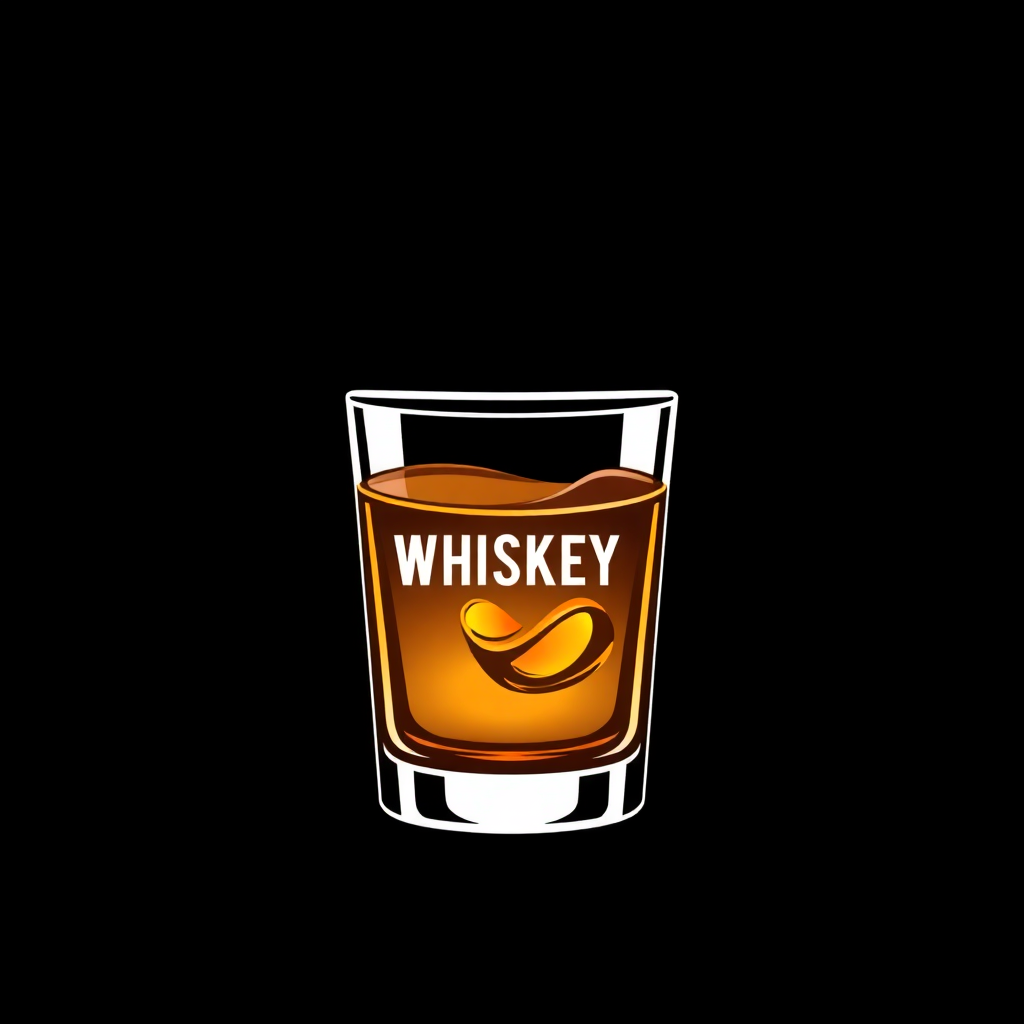 The image is a graphic illustration of a glass of whiskey. The glass is filled with a golden-brown liquid, which appears to be whiskey, and has the word WHISKEY written in white capital letters on the front of the glass. The word is written in a cursive font and is slightly tilted to the right. The background is black, making the glass and the word stand out. The overall design is simple and minimalistic.