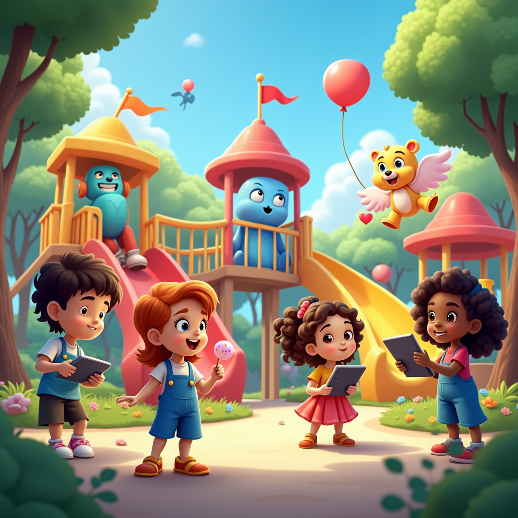 Social Media as a 'Safe Playground': The platform is a vibrant, cartoon playground. Friendly 'bouncer' characters (like soft robots or giant fluffy animals) gently block or transform harmful content. Kids are shown engaging in safe digital activities within this space.