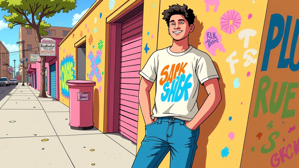 The image is an illustration of a young man standing on a sidewalk in front of a colorful building with graffiti on it. The man is wearing a white t-shirt with the words Sank Shah written on it in blue letters. He has curly hair and is smiling at the camera. He is standing with his hands in his pockets and is wearing blue jeans. The building behind him has a pink trash can and there are other buildings and trees on the left side of the image. The sky is blue and the overall color scheme of the illustration is bright and cheerful.