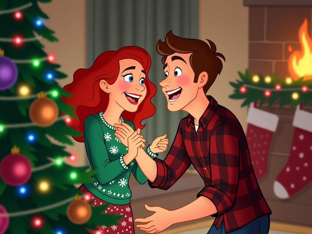 A cartoon couple decorating a Christmas tree, tangled in twinkling lights and laughing as they place ornaments on the branches.