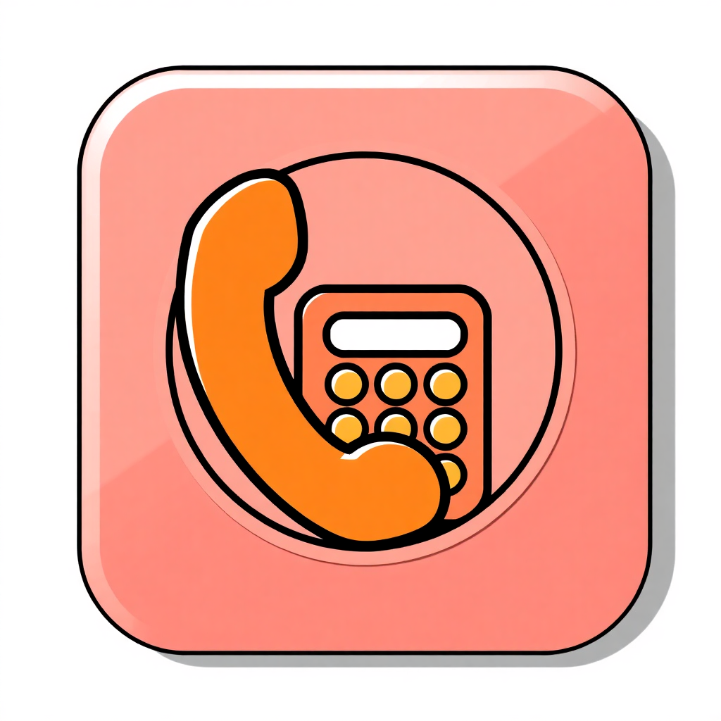 The image is a square-shaped icon with a pink background. In the center of the icon, there is an orange telephone receiver with a keypad. The receiver is curved and appears to be in the shape of a phone. The keypad is rectangular in shape and has a few buttons on it. The overall design is simple and minimalistic.