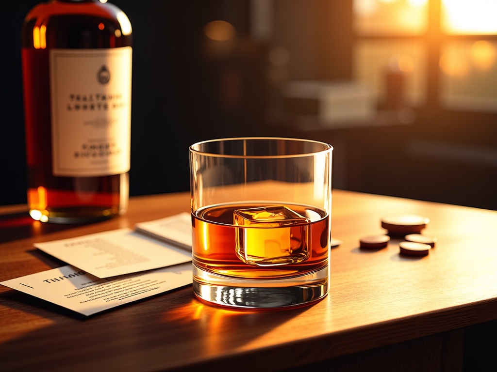  a glass of whiskey on a wooden table. The glass is filled with a golden-brown liquid and has a small ice cube in it. Next to the glass, there is a bottle of whiskey with a white label and a red cap. On the table, there are also a few pills scattered around. The background is blurred, but it appears to be a dimly lit room with a window. The overall mood of the image is cozy and inviting.