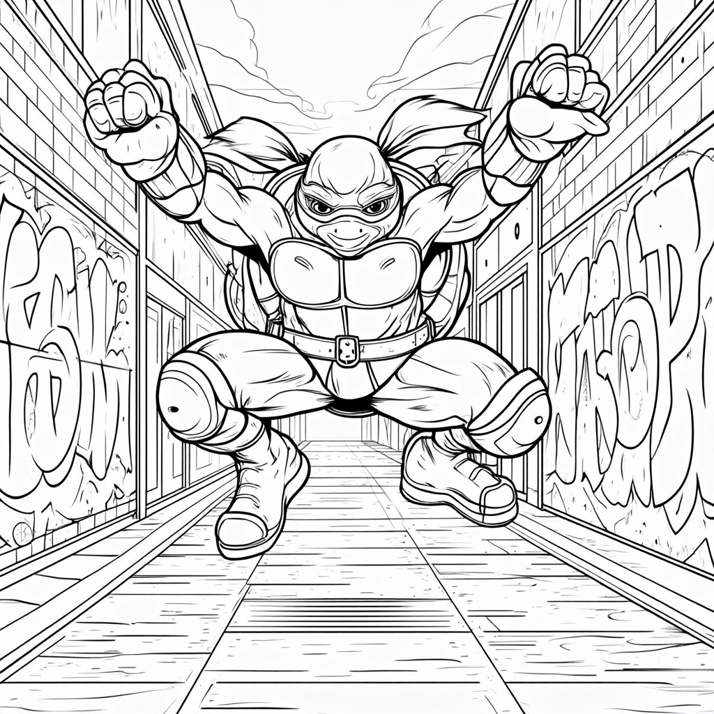 The image shows a sketch of a teenage mutant ninja turtle in a tunnel, with walls on either side and a sky in the background. It is a free printable coloring page, perfect for kids to enjoy.