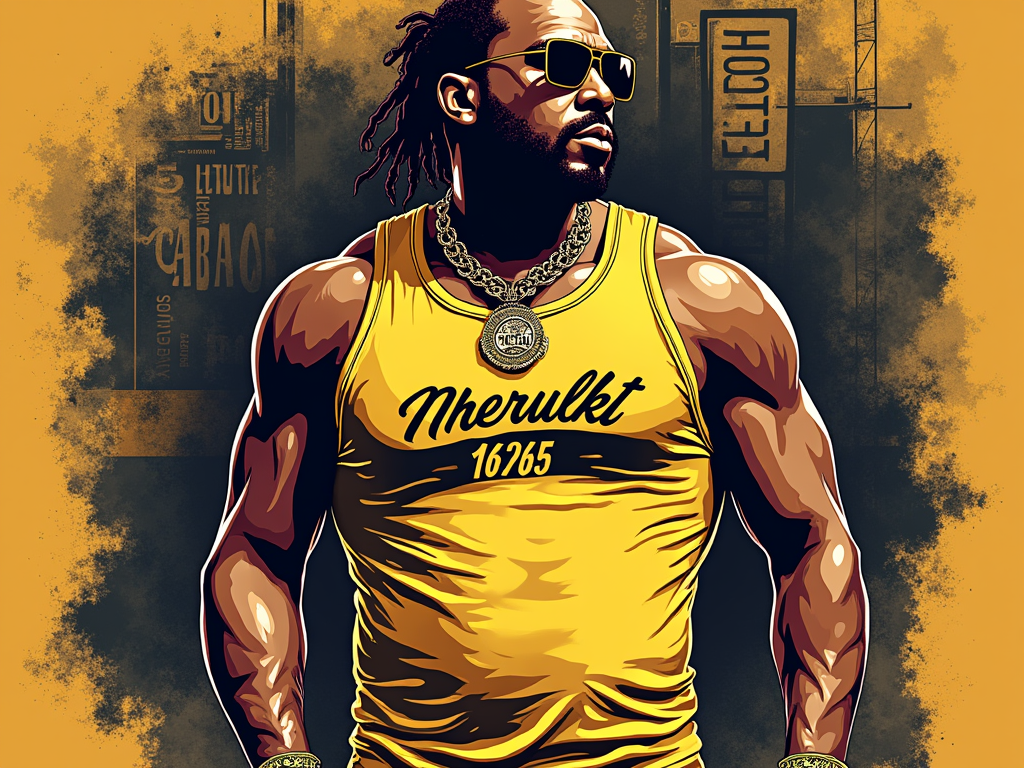 Design Idea 2: A retro Pen & Pixel inspired design featuring the golden No Limit tank, bold Southern hip-hop style typography for event details, and possibly a muted, stylized portrait of Master P from his iconic era, all with a golden celebratory overlay.