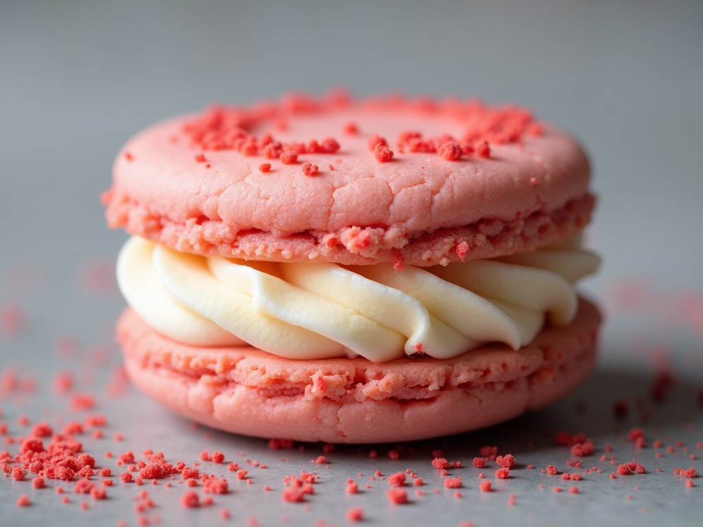 A cookie sandwich with two delicate strawberry cookies encasing a thick layer of cream cheese buttercream, garnished with strawberry dust.