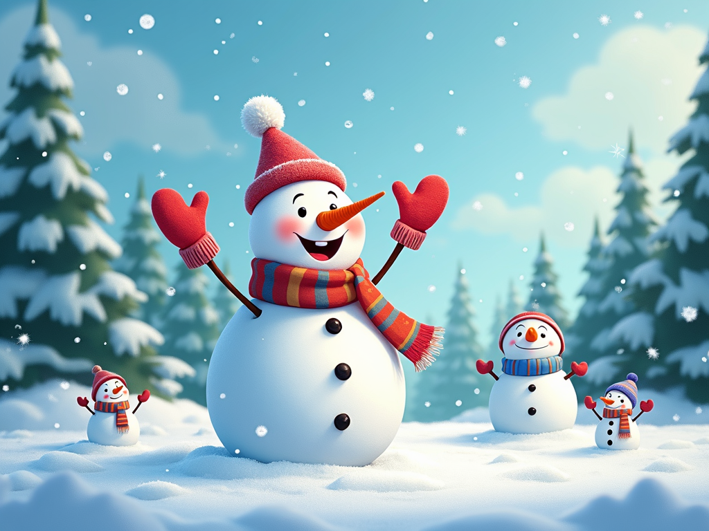 The image shows a group of snowmen standing in the snow with their arms outstretched, surrounded by trees covered in a blanket of snow and a cloudy sky in the background. The image is animated, giving it a festive feel, perfect for the Christmas season.