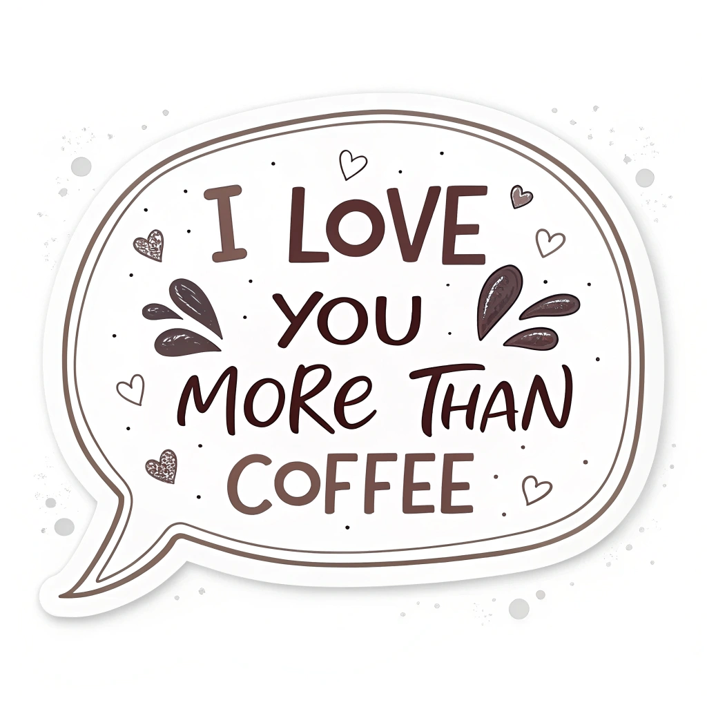 A speech bubble sticker with the phrase 'I Love You More Than Coffee' in a playful, handwritten style.