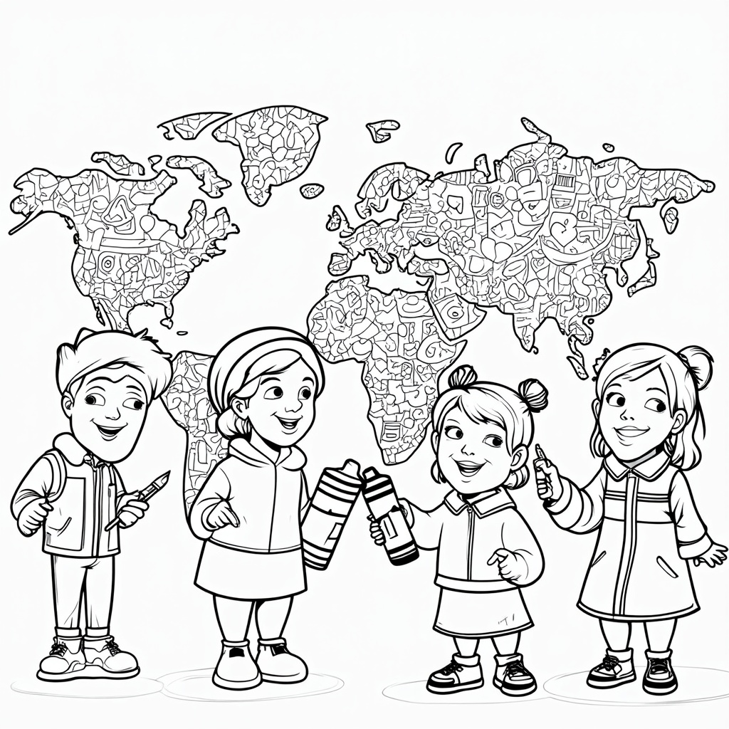 Coloring Page 4: 'Coloring Measles Away from Our World'. Feature children from different parts of the world using giant crayons or paintbrushes to color over faded/grey depictions of the measles virus on a map or globe, transforming these areas into bright, healthy communities with happy symbols.