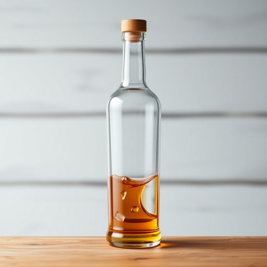  a glass bottle with a cork stopper on a wooden surface. The bottle is filled with a golden-colored liquid, which appears to be whiskey or a similar type of alcoholic beverage. The liquid is flowing out of the bottle, creating a wave-like pattern on the surface. In the background, there is a white wooden wall with horizontal lines. The overall mood of the image is minimalistic and modern.