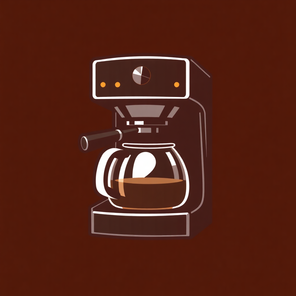 The image is a digital illustration of a coffee machine. The machine is black in color and has a sleek and modern design. It has a large glass jar with a handle on the right side and a spout on the left side. The jar is filled with a dark brown liquid, which appears to be freshly brewed coffee. Above the jar, there is a control panel with various buttons and knobs. The background is a solid dark brown color. The overall style of the illustration is minimalistic and minimalistic.