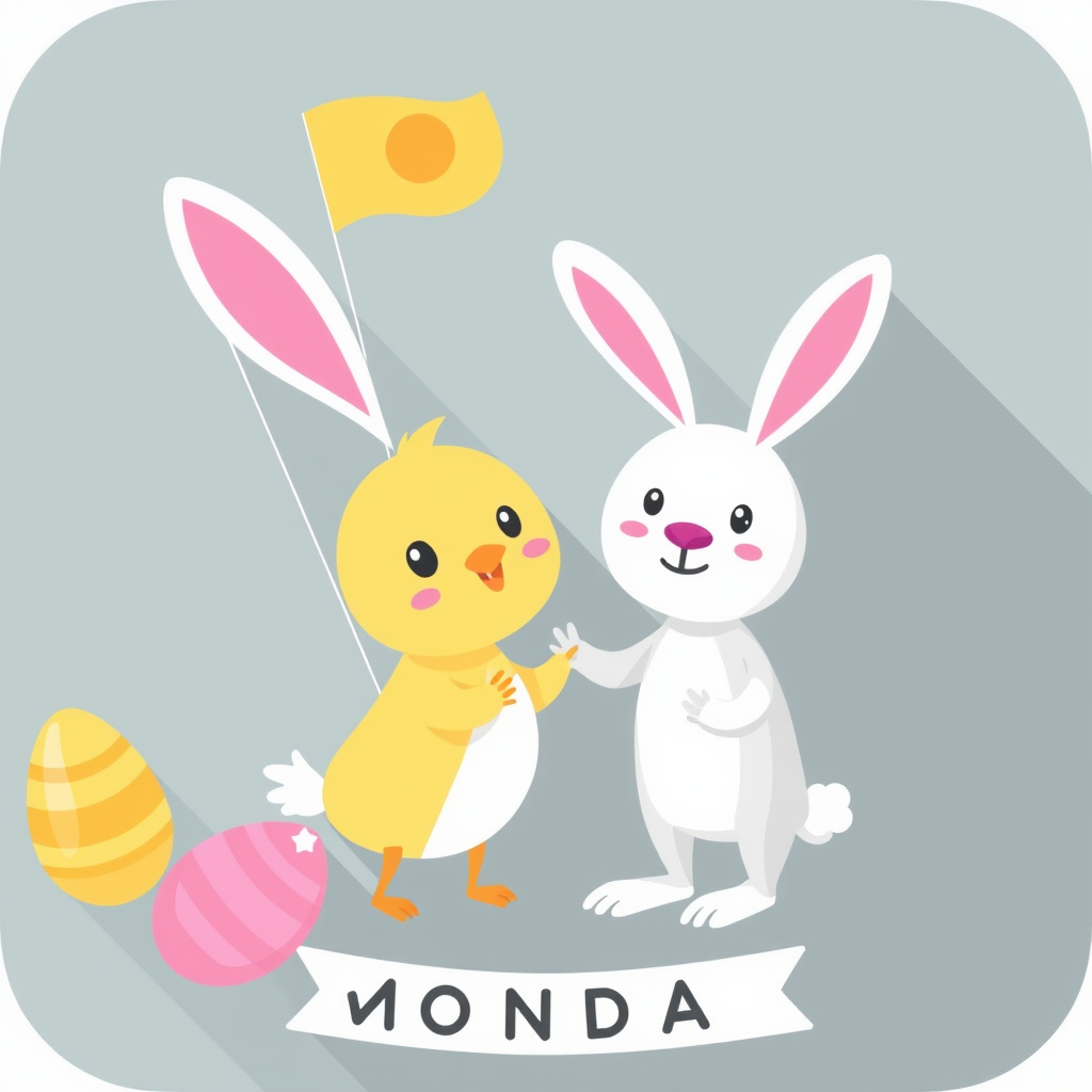 A simple icon showing a chick and bunny celebrating Easter Monday, perhaps with a small flag or banner.