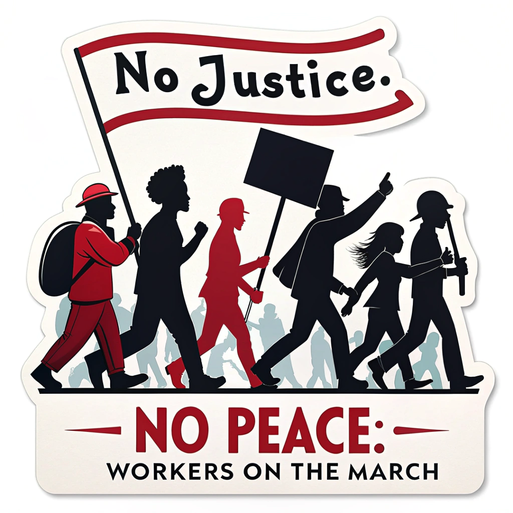 Design 1: Marching Silhouettes - Features bold silhouettes of diverse workers marching, some holding blank signs (for writing custom messages) or tools. The slogan 'No Justice, No Peace: Workers on the March' in strong, impactful typography. Colors: Red, black, and white primarily.