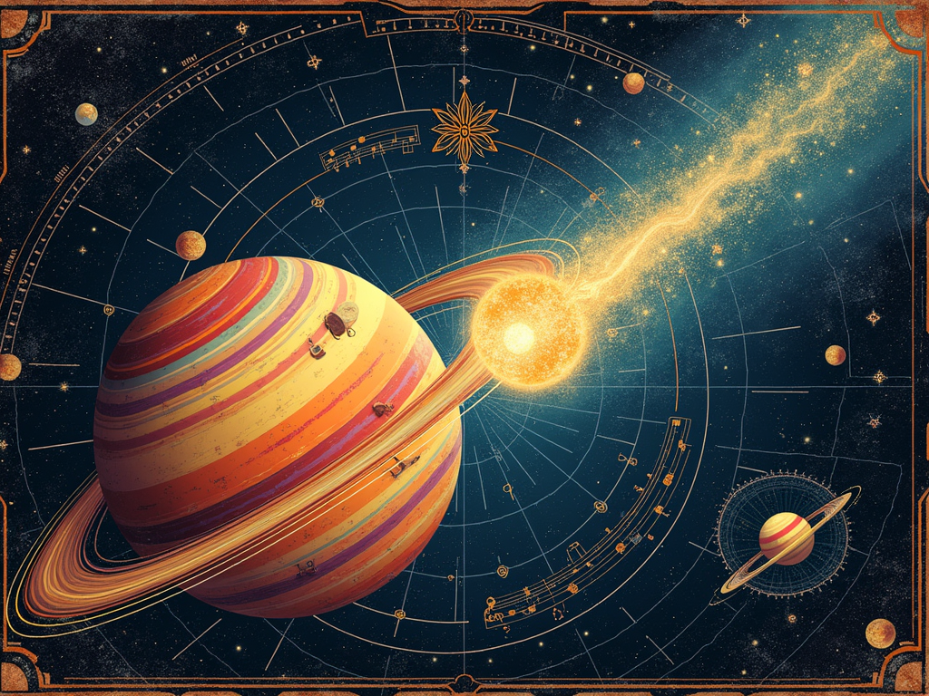 Astronomical Chart Collision: A stylized vintage astronomical chart background featuring two celestial bodies (e.g., a planet and a comet) on a collision course or in close interaction, representing the artists. Musical notes or abstract sound patterns could form constellations or pathways on the chart.