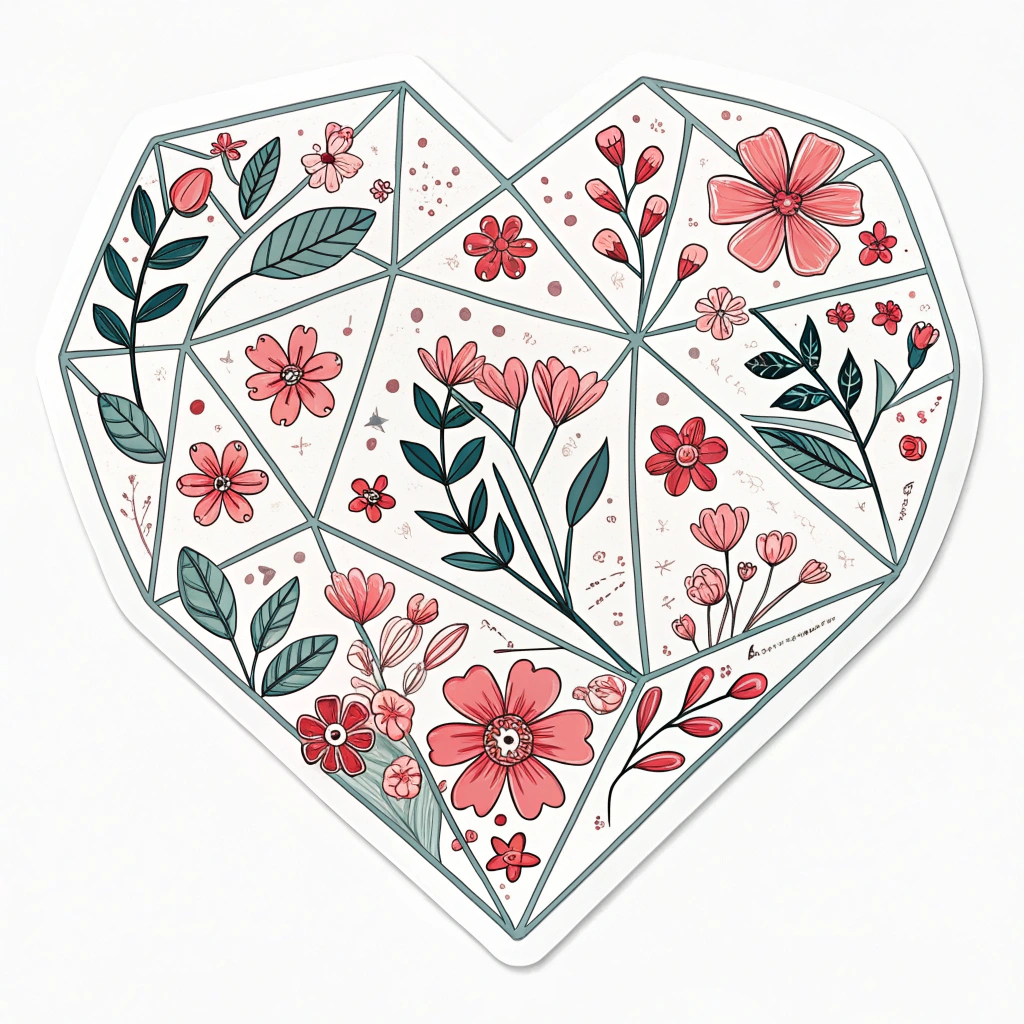 A geometric heart filled with a pattern of small, stylized flowers and leaves, offering a modern touch.