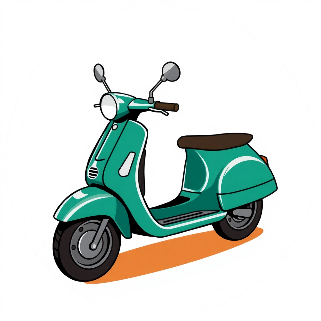 The image is a digital illustration of a green scooter. The scooter has a round headlight and two side mirrors on the front. The handlebars are curved and the seat is brown. The wheels are black and appear to be made of rubber. The background is white and there is an orange line in the bottom right corner. The overall style of the illustration is simple and cartoon-like.