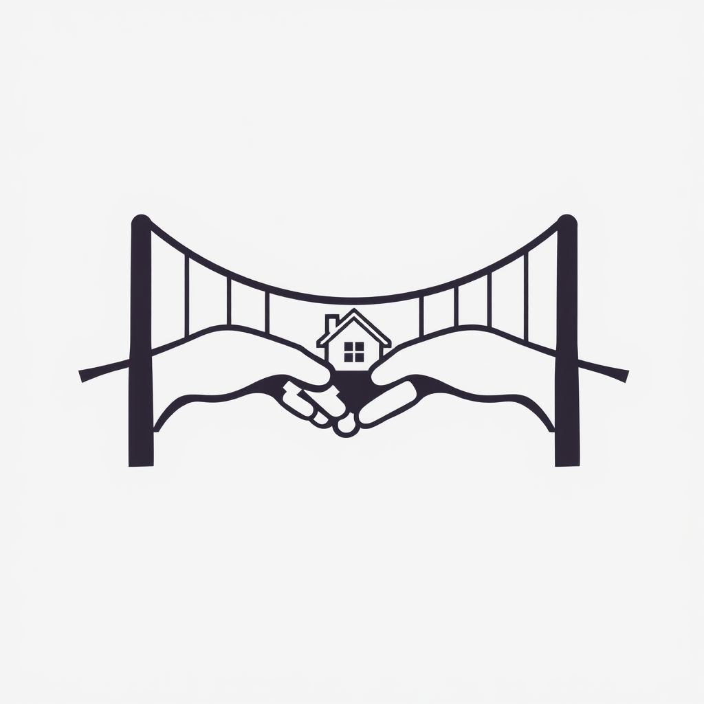 Sub Design Idea 2: Create a logo where the span of a bridge is formed by two hands shaking or linking, with a house icon positioned at the center or where the hands meet, symbolizing the connection and support leading to a stable home.