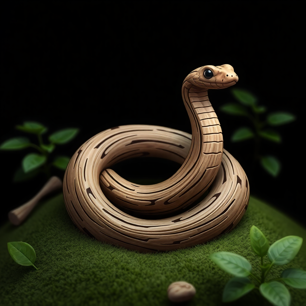 The image is a digital illustration of a snake coiled up on a green moss-covered surface. The snake is facing towards the right side of the image and its head is turned slightly to the left. Its body is made up of multiple layers of wood, with the top layer being a light brown color and the bottom layer a darker brown color. The wood appears to be intricately carved with a pattern of lines and curves. There are also a few small green leaves scattered around the snake, adding to the natural and organic feel of the illustration. The background is black, making the snake stand out even more.