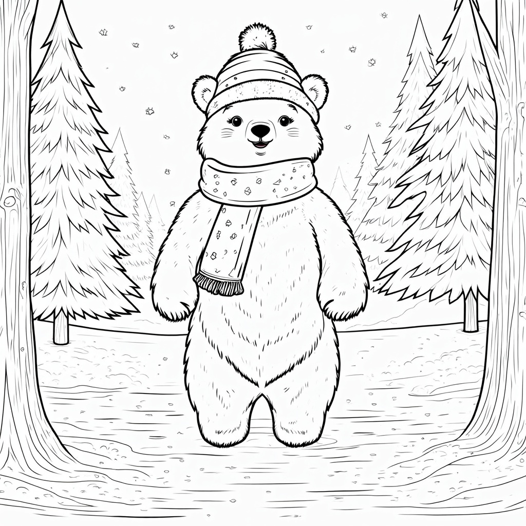 A bear wearing a scarf and hat, standing in a snowy forest with pine trees.