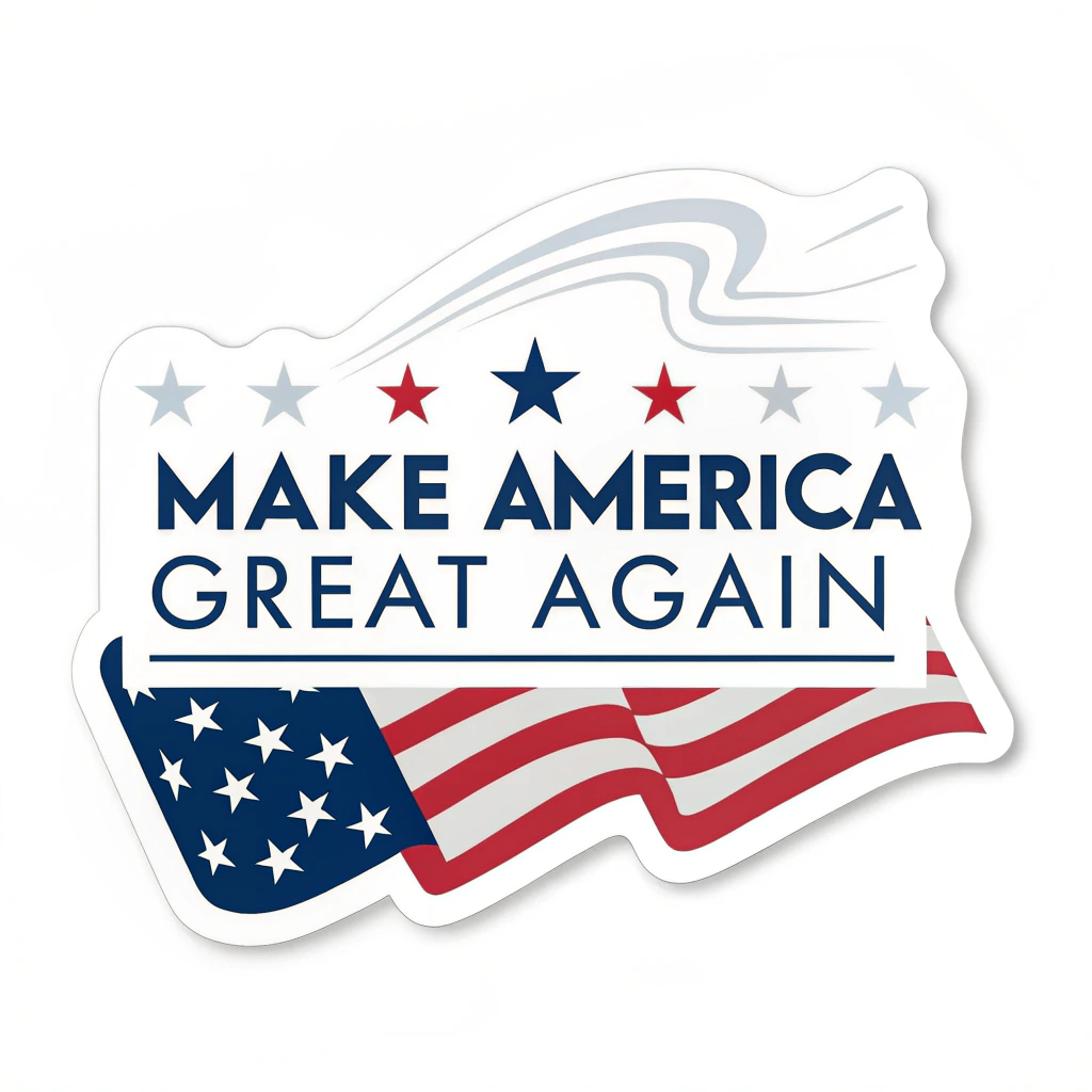 A simple 'Make America Great Again' slogan sticker with a patriotic design, incorporating elements such as stars and stripes.