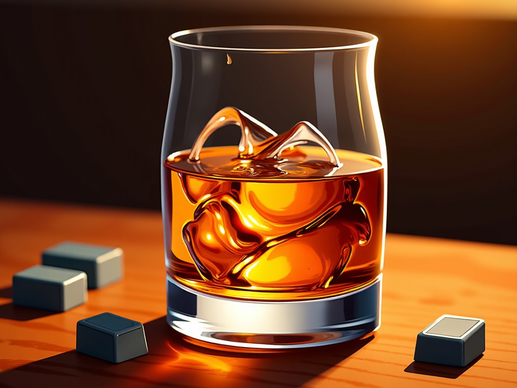 The image is a digital illustration of a glass of whiskey on a wooden table. The glass is filled with a golden-brown liquid, which appears to be whiskey, and there are several ice cubes floating in it. The background is blurred, but it seems to be a dimly lit room with a warm glow. There are also a few small blue cubes scattered around the glass, adding a pop of color to the image. The overall mood of the image is cozy and inviting.