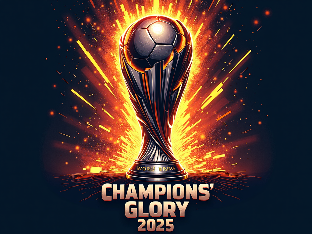 Forged Victory: An impactful design depicting the FIFA Club World Cup trophy with elements suggesting it's being forged or emerging from intense energy (e.g., metallic shards, light bursts, dynamic swirls). 'Champions' Glory 2025' is in a strong, bold font.