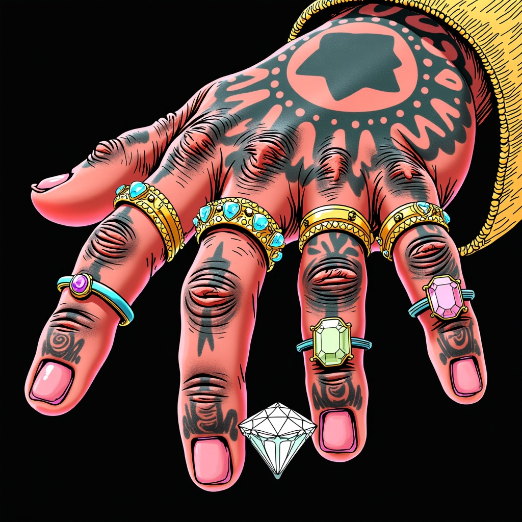 Post Malone's Hand with Gem & Grit: A detailed illustration of Post Malone's tattooed hand. One half of the hand is adorned with opulent gemstone rings and perhaps even gemstone skin texture, while the other half is covered in grime, appearing weathered and calloused. He could be holding a single, brilliant (but perhaps flawed) 'twelve carat' diamond that also reflects both light and shadow/grit.
