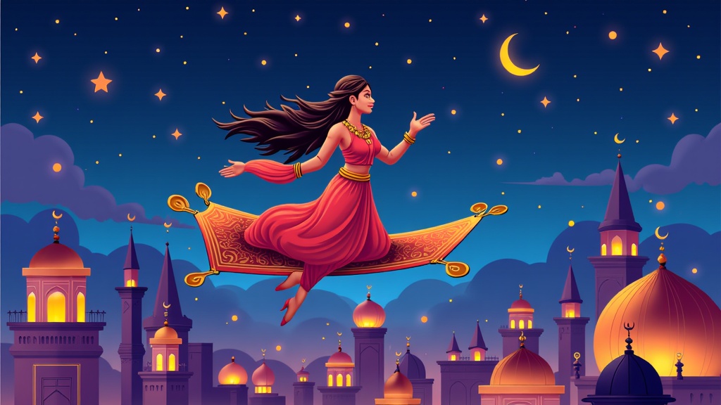 The Flying Carpet: An iconic scene showing characters soaring over a fantastical Arabian city at night on a magic carpet, with minarets and domes silhouetted against a starry sky.