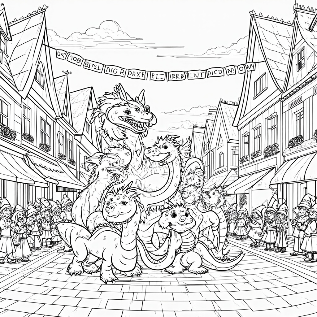 A grand parade of dragons marching down the main street of a bustling fantasy town. Each dragon is unique, ranging from serpentine to winged varieties, decorated with ribbons and banners. Townsfolk, including wizards and elves, cheer along the cobblestone streets.