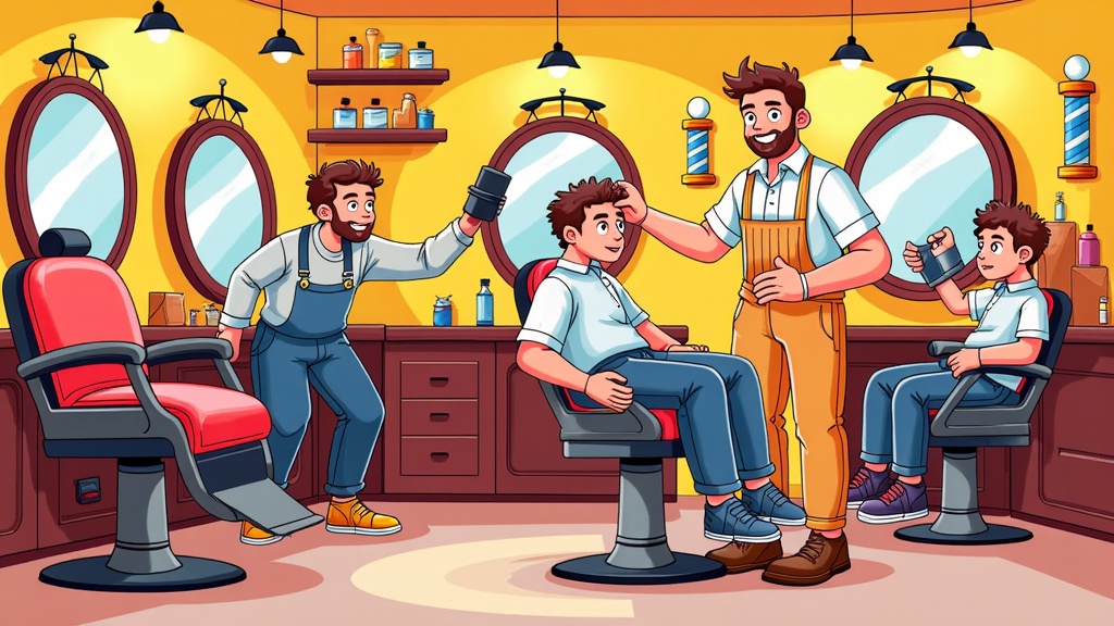  a barber shop with three men in it. The barber on the left is standing behind the barber chair, holding a pair of scissors and a comb. He is wearing a blue apron and has a beard. The man in the middle is sitting in the chair with his hair styled in a messy bun. The other two men are standing behind him, also holding scissors and comb. They are all smiling and appear to be engaged in a conversation.  The barber is standing on the right side of the image, with one of the men sitting on the chair and the other two standing on either side of him. The background shows a counter with various barber tools and equipment. The walls are painted in a warm yellow color and there are two large mirrors on the wall. The floor is tiled and there is a large window on the far wall.