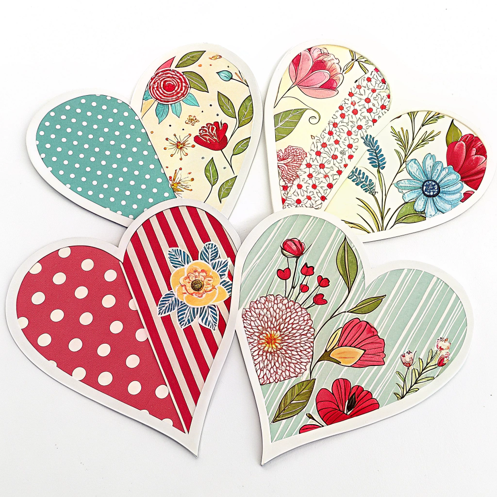 Heart-shaped stickers with various patterns (polka dots, stripes, floral)