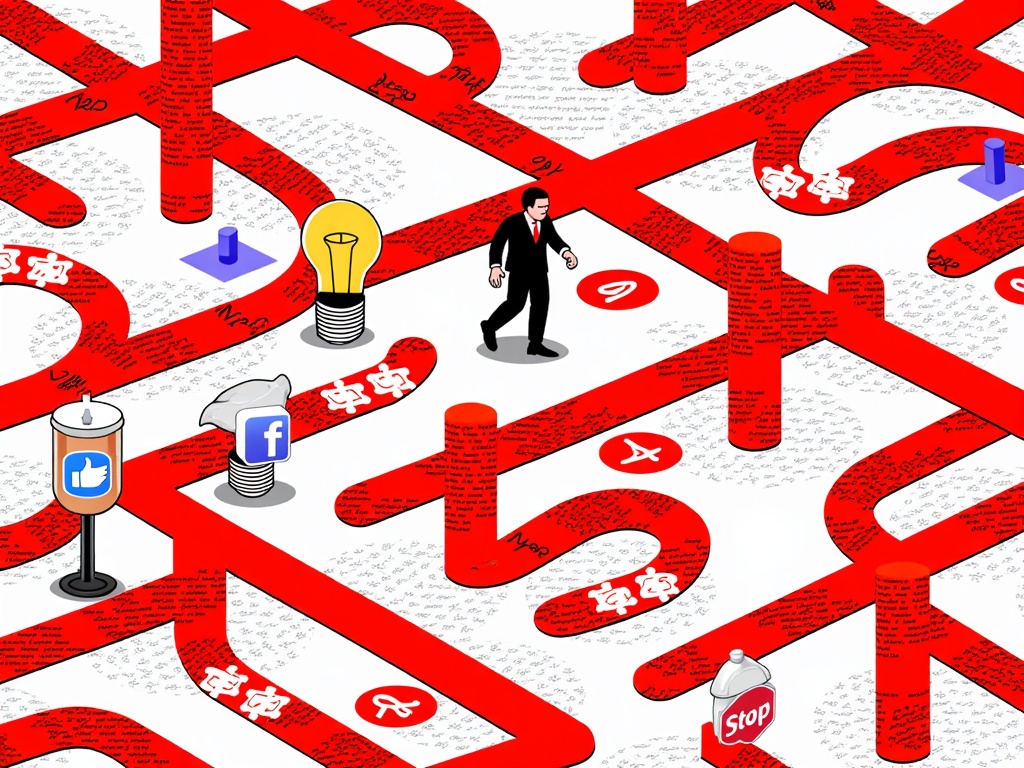 Illustration 2: A complex maze constructed from red tape and elements representing laws (e.g., paragraphs of text, stop signs). A small 'Innovation' figure (robot or lightbulb) is trying to navigate through it, passing hindered social media platform logos.