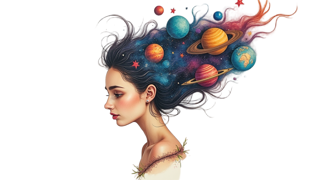 A celestial girl tattoo on a forearm, hair made of swirling galaxies with planets nesting within, representing cosmic beauty and curiosity.