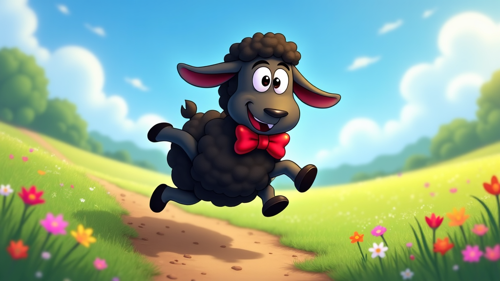 The image shows a cartoon black sheep with a red bow tie running down a dirt road surrounded by lush green grass and colorful flowers. In the background, there are tall trees and fluffy white clouds in the sky.