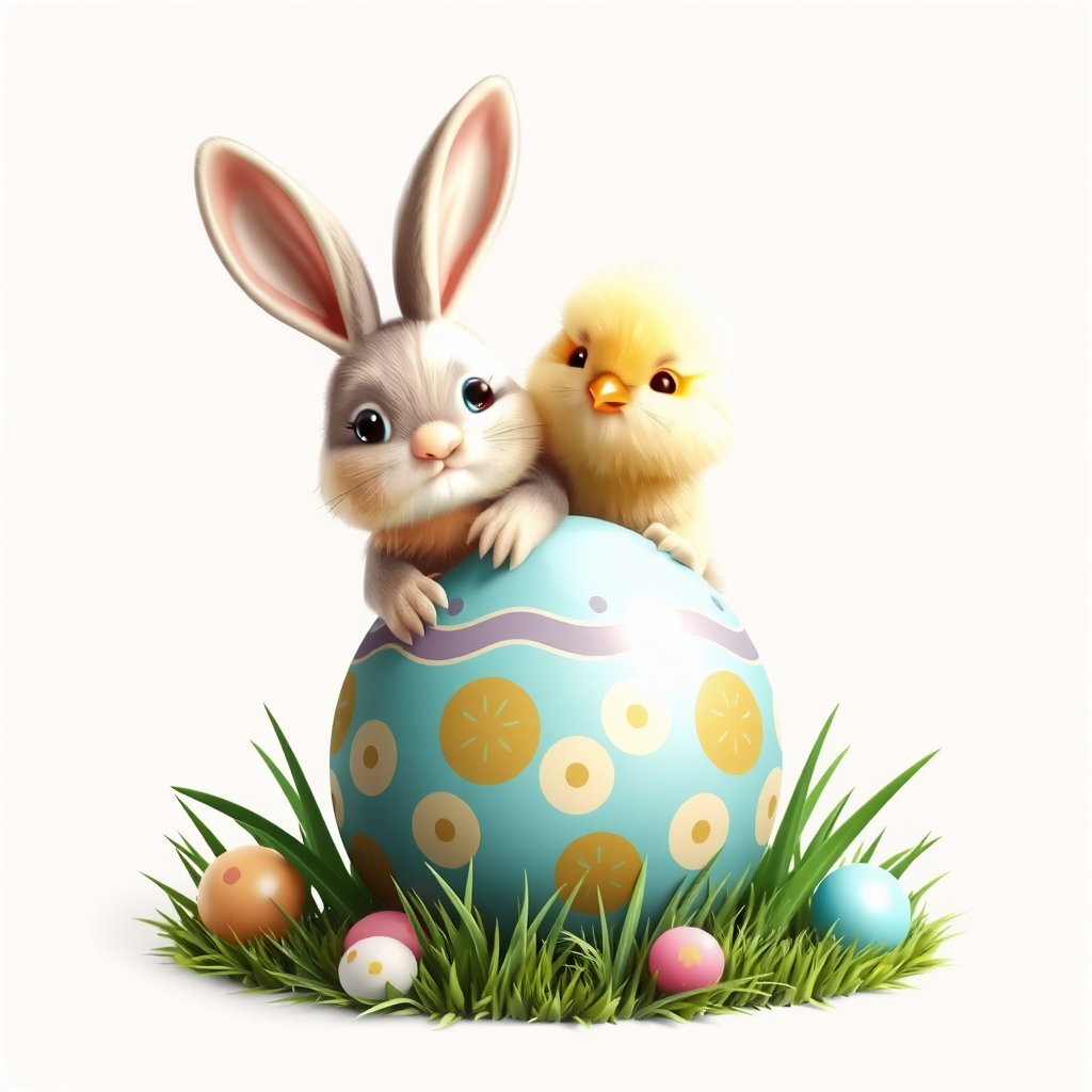 The chick and bunny are sitting on top of an Easter egg.