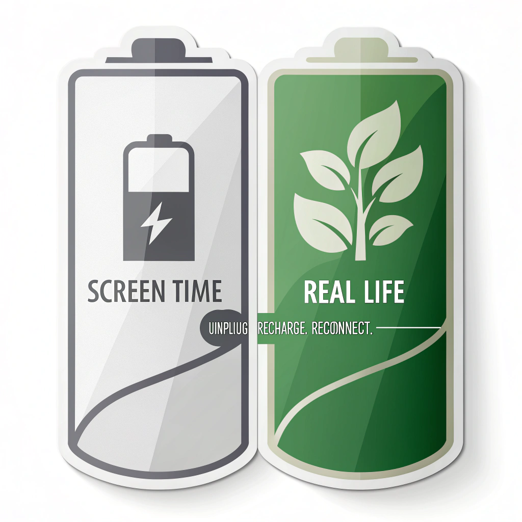 Sticker Design: A battery icon, half grey and depleted (labeled 'Screen Time'), the other half vibrant green and full with a leaf symbol (labeled 'Real Life'). Text: 'Unplug. Recharge. Reconnect.'