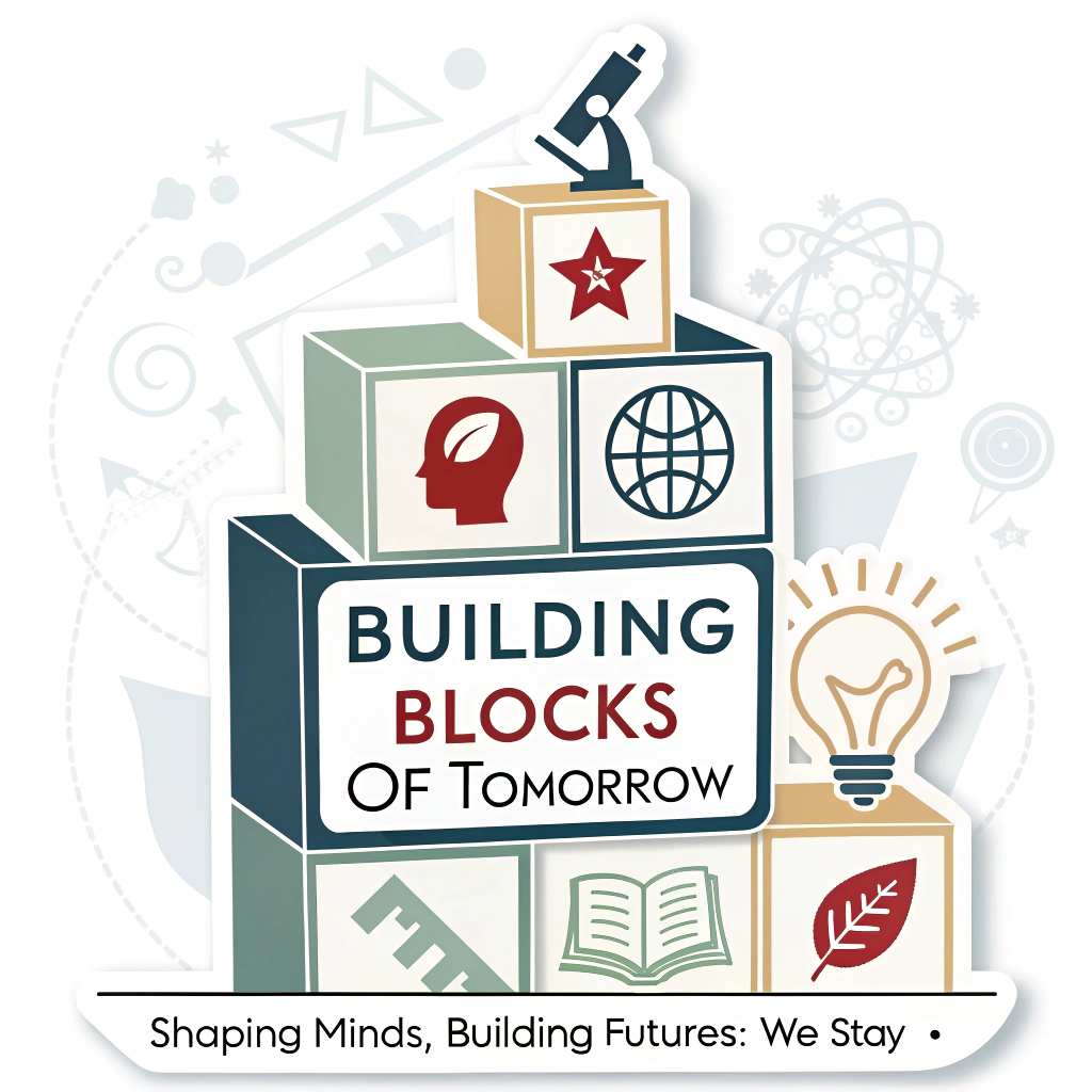Sticker Design Idea 2: 'Building Blocks of Tomorrow' - Depicts stylized building blocks, possibly with subtle educational icons (apple, book, lightbulb) on them, creating a stable, upward structure. The tagline 'Shaping Minds, Building Futures: We Stay' is clearly integrated, perhaps on the blocks themselves or as a foundational element.