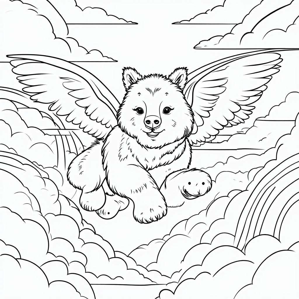 A mythical bear with wings, flying above the clouds and rainbows.