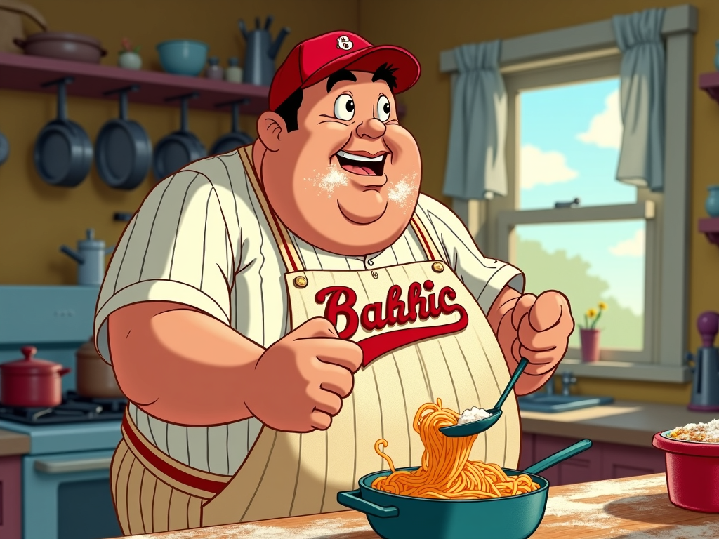 Babe Ruth hilariously struggling with a domestic chore, like cooking or cleaning, showcasing his unfamiliarity and making a delightful mess, all while maintaining his iconic grin.