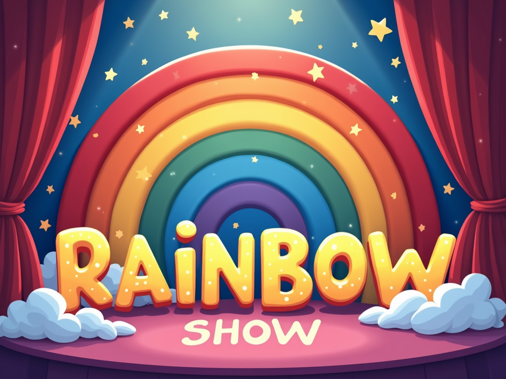 A simplified, abstract rainbow shape forming a rounded background behind large, friendly letters spelling out 'Rainbow Show,' utilizing bold, primary colors.