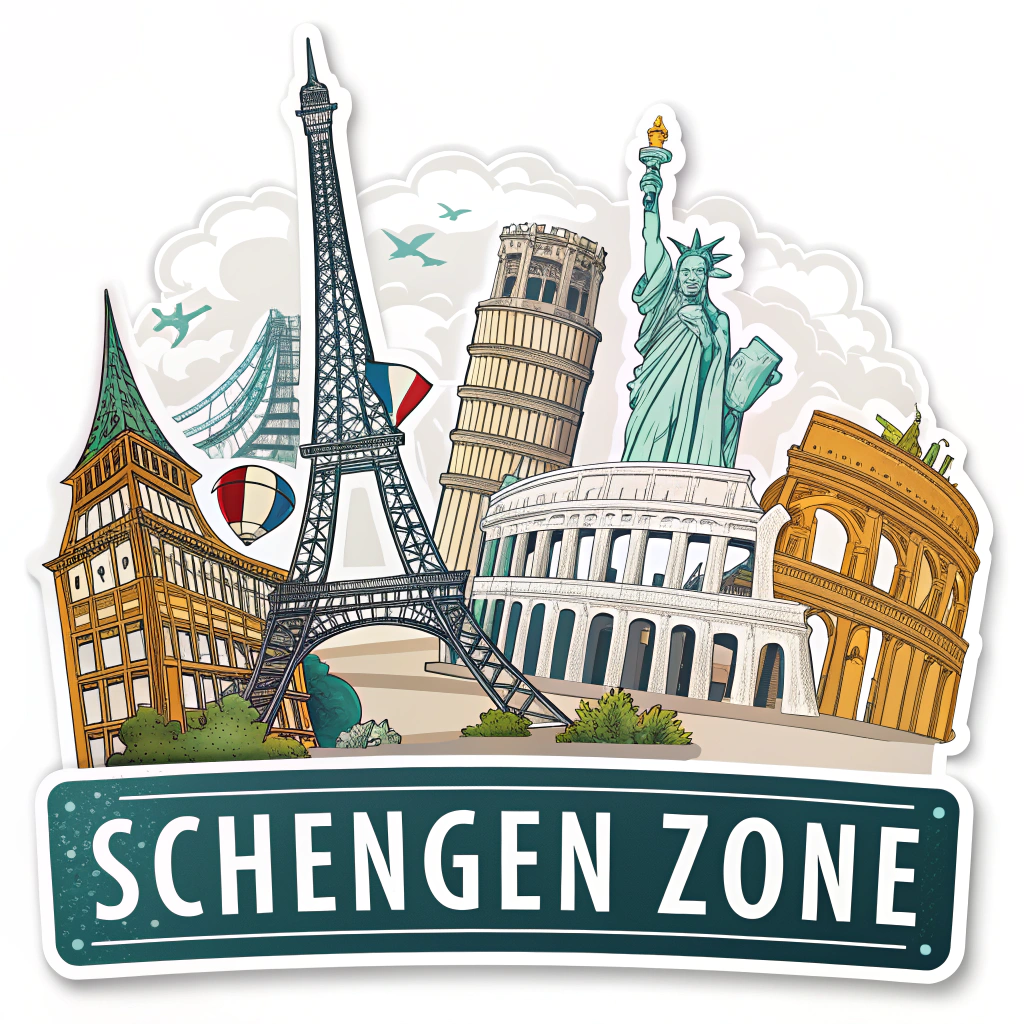 Design the sticker with iconic landmarks from different European countries combined together, with the text 'Schengen Zone'.