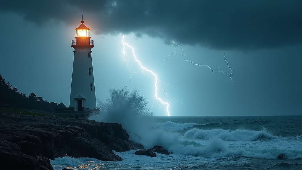 Wallpaper of a thunderstorm raging over a solitary lighthouse by the sea. The strong beacon of light cuts through the storm's fury, standing steadfast amid flickering lightning. The tumultuous waves crash below, creating a dramatic maritime scene that speaks of the lighthouse's role as a sentinel of safety against nature's power.