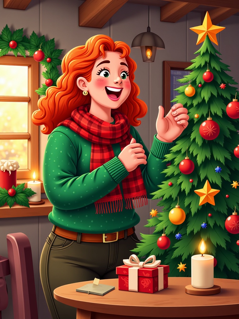  a young woman with red curly hair, wearing a green sweater and a red scarf, standing in front of a Christmas tree. She is smiling and waving her hand in a playful manner. The tree is decorated with colorful ornaments, stars, and other festive decorations. There is a gift box on the table next to the tree and a candle on the right side of the image. The room appears to be a cozy living room with a window and a wreath hanging on the wall. The overall atmosphere is festive and cheerful.