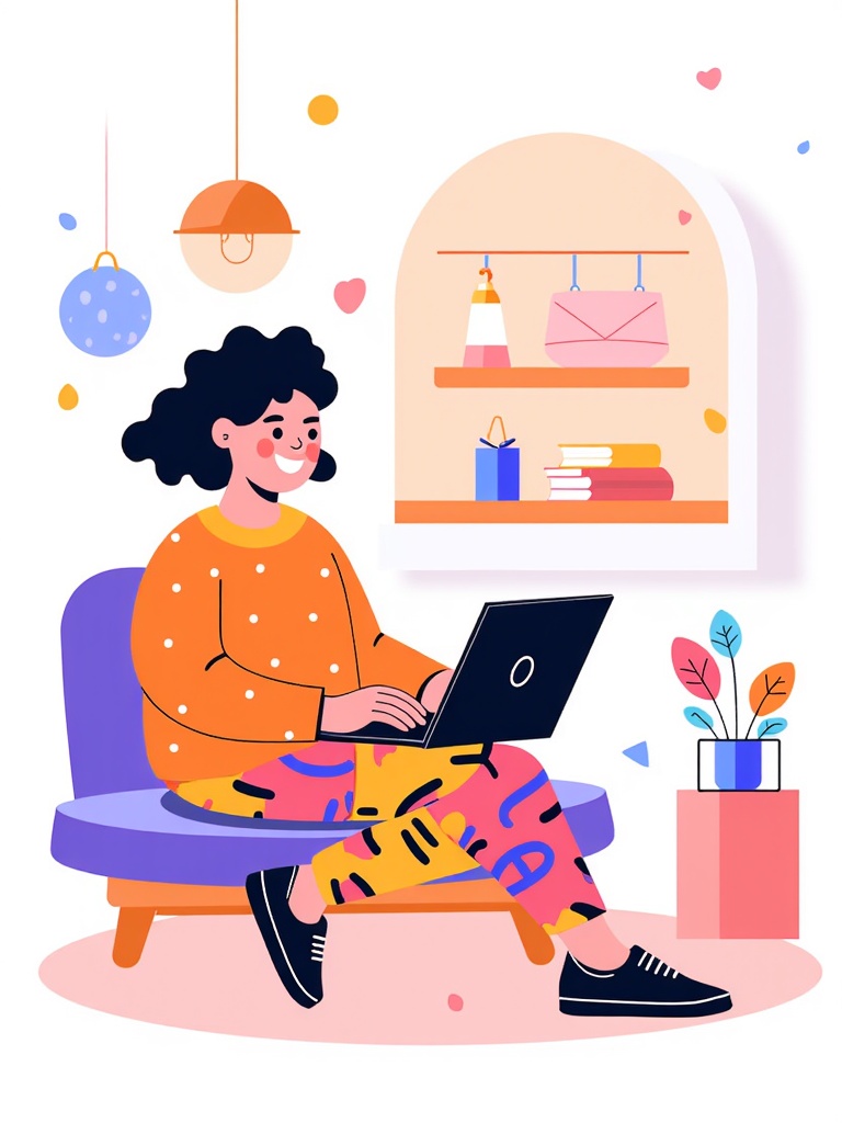  a young woman sitting on a purple armchair with a laptop in front of her. She is wearing an orange sweater with white polka dots and colorful pants. She has curly black hair and is smiling as she works on the laptop. Behind her, there is a window with a shelf filled with books, a pink envelope, and a blue gift box. There are also two potted plants on the floor next to the window. The room is decorated with colorful balloons and confetti scattered around.