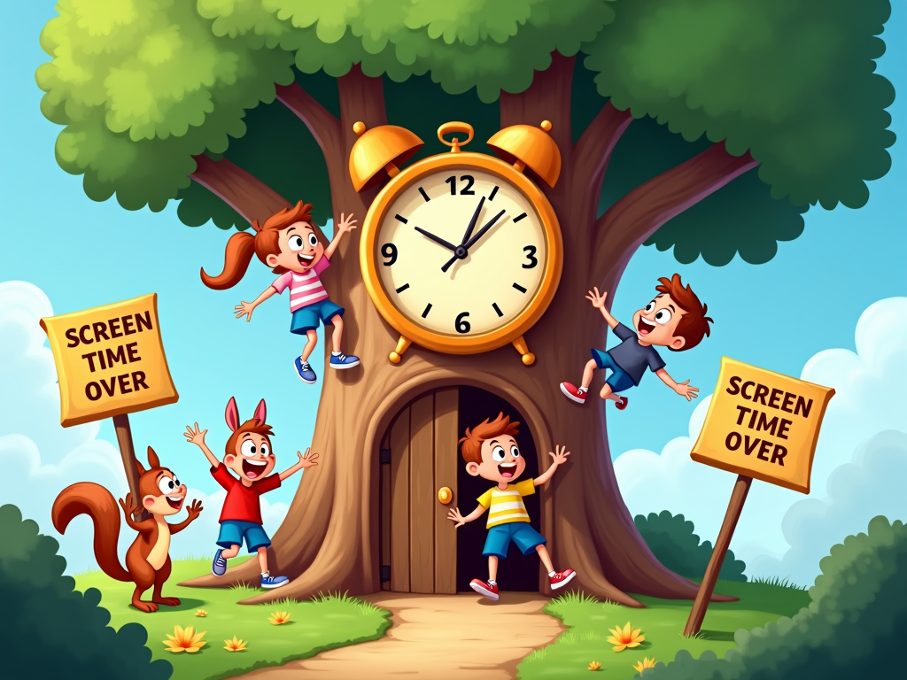 The Time-Lock Treehouse: Kids are playing in a digital treehouse (representing safe online spaces). A large, friendly clock is visible, and when time is nearly up, 'Clickbait Critters' (looking like sneaky squirrels or mischievous birds) try to tempt them to stay longer, but the treehouse door starts to close, showing a 'Screen Time Over' sign.