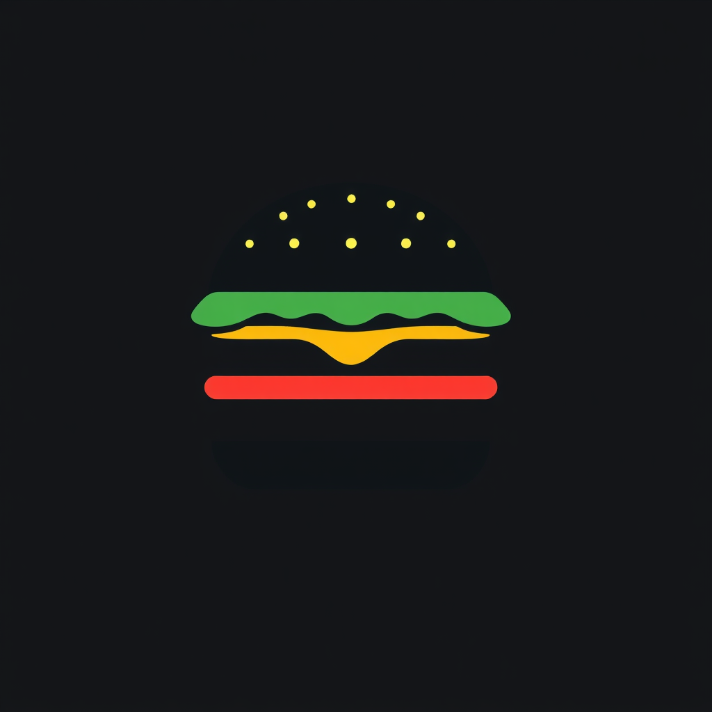 A single line drawing of a hamburger with the bun, patty, and toppings represented by simple geometric shapes.