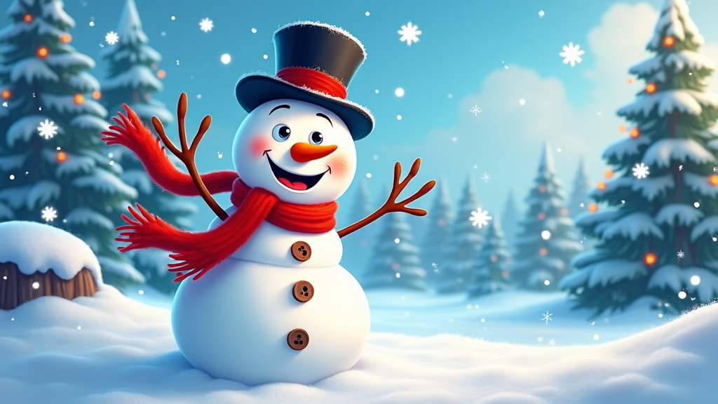 The image shows a snowman wearing a top hat and scarf standing in the snow surrounded by trees covered in snow and a sky with clouds in the background.